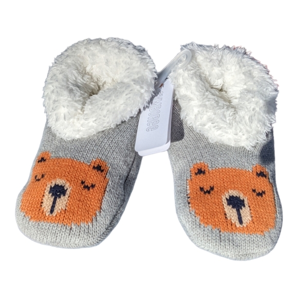 Gymboree S 5-6 Joy/Peace Bear Knit Grey Slippers W/ Nonslip Sole - Picture 1 of 8